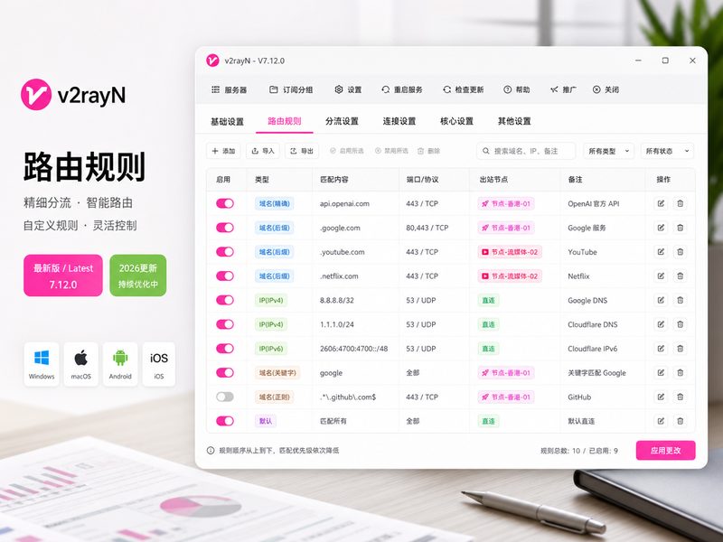 v2rayN路由规则设置界面与数据展示